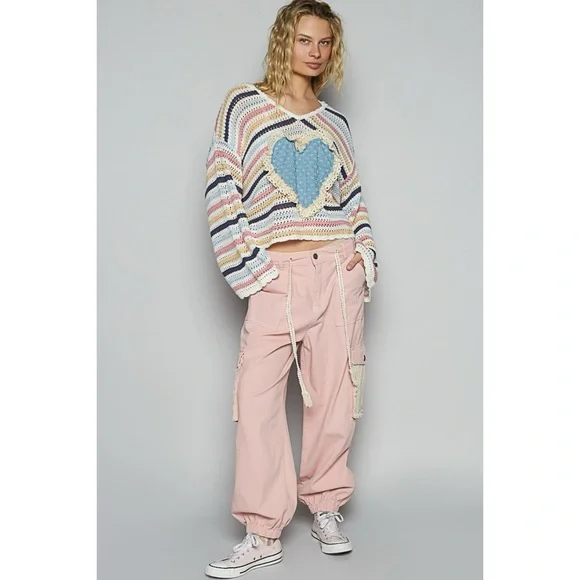 POL Striped Open Knit Hoodie Sweater V Neck Heart Patch Pullover - Picture 4 of 5